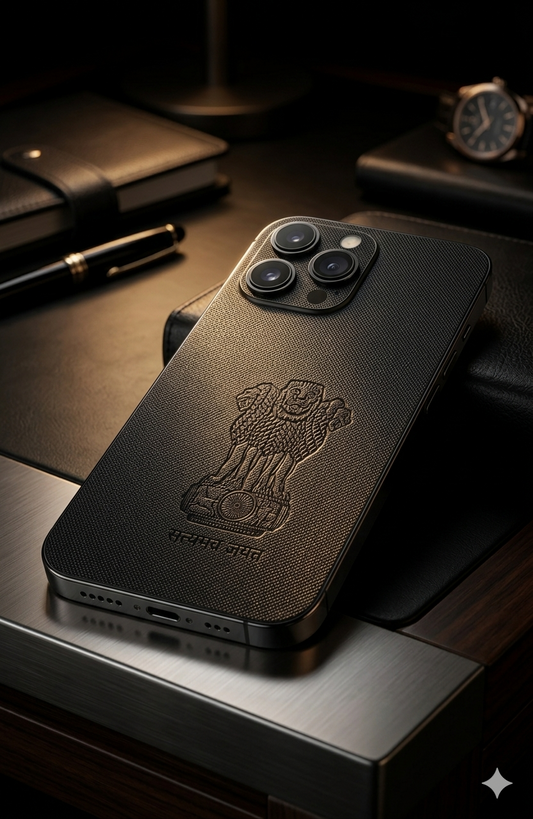 Premium Leather Phone Skin – Stealth Emblem Black | iPhone & Samsung India